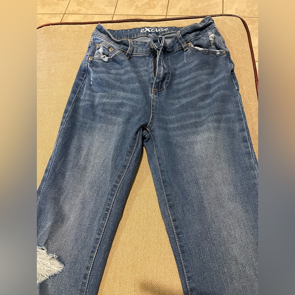 Excuse Flare Leg Blue Jeans with Distressed Details